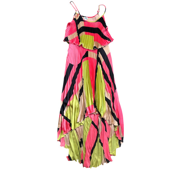 Cache Pink Neon Green Sleeveless High Low Accordion Pleated Maxi Dress Size M - Picture 1 of 5